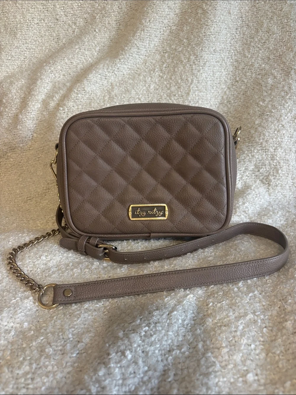 Itzy Ritzy Quilted Crossbody Mini Diaper Bag in Taupe Brown with Changing Pad